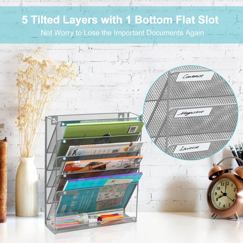 EasyPAG 5 Tier Wall File Holder, Mesh Hanging Folder Organizer with Classify Label, Versatile Desk File Holder, Vertical Wall Mounted Mail Organizer for Office Home Cubicle, Silver - Image 5